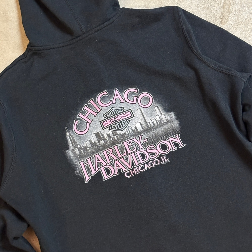 Harley Davidson Bling Full Zip Black Pink Hooded Sweatshirt Chicago IL Large - Picture 3 of 9